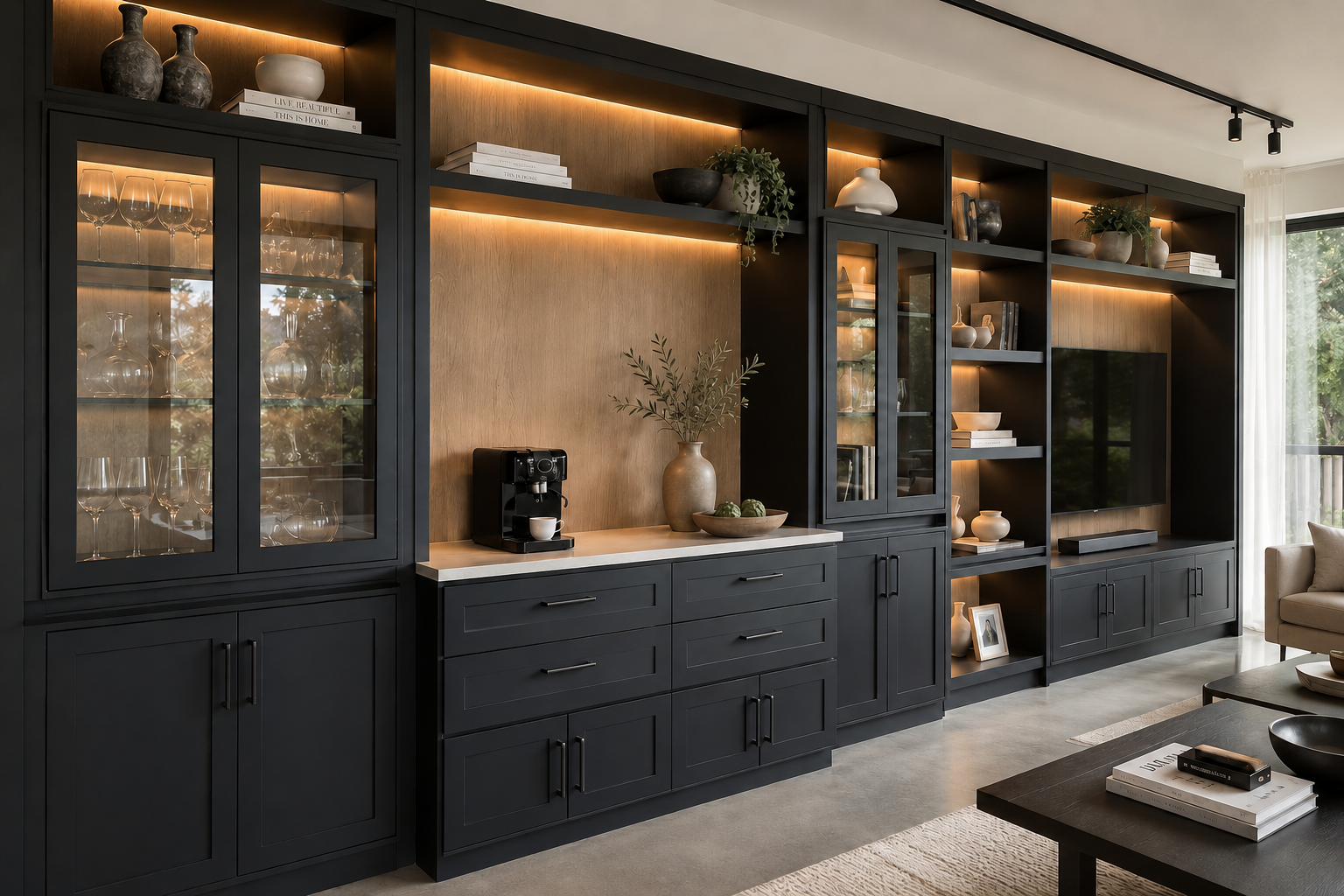 Mobiliario multipropósito enchape negro, madera natural