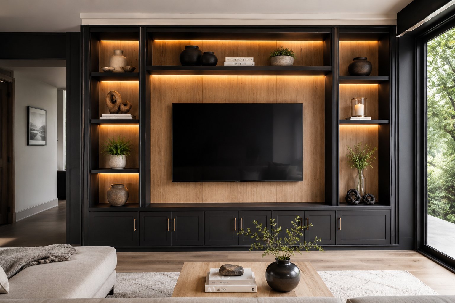 MDF enchape eucalipto lacado negro mate y natural con veta